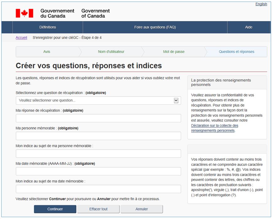 Capture d'écran : Questions, réponses et indices de récupération de CléGC