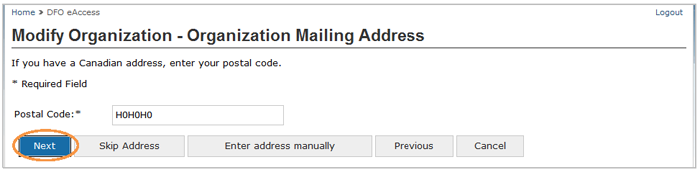 This is an image of the Modify Organization- Organization Mailing Address screen, where the Next button is circled in orange