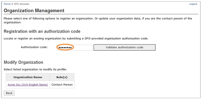 This is an image of the Organization Management screen, where the Authorization code is circled in orange
