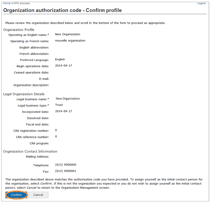 This is an image of the Organization authorization code- Confirm profile screen, where the Confirm button is circled in orange
