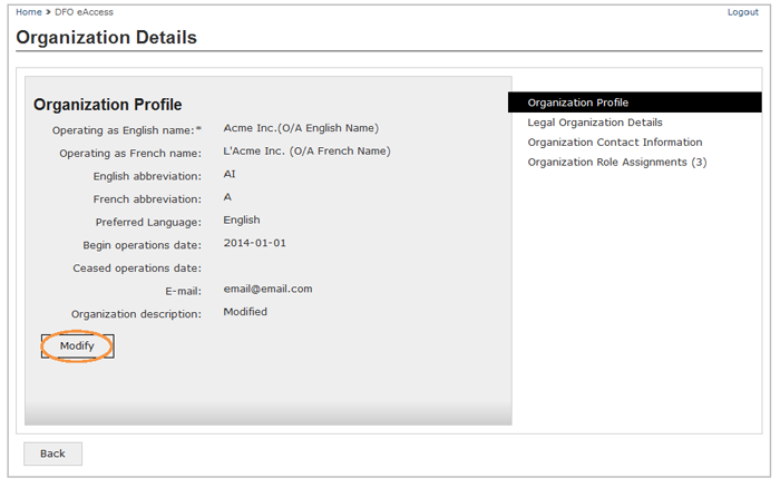 This is an image of the Organization Details screen, where the Modify button is circled in orange