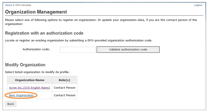 This is an image of the Organization Management screen, where an additional organization is circled in orange