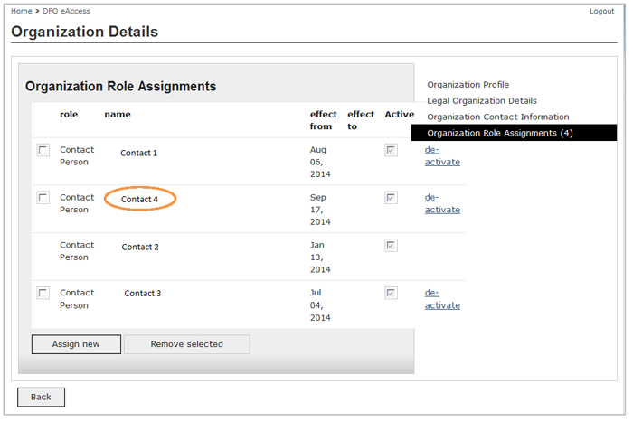 This is an image of the Organization Details screen, where the new contact person is circled in orange
