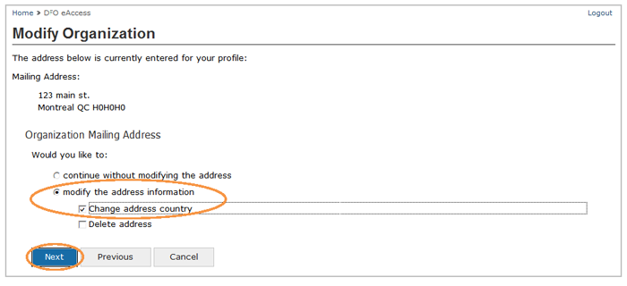 This is an image of the Modify Organization screen, where the modify the address information checkbox and the Next button are circled in orange