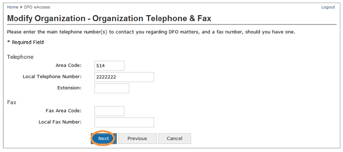 This is an image of the Modify Organization- Organization Telephone and Fax screen, where the Next button is circled in orange