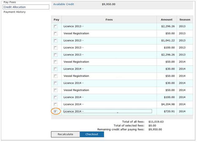 This is an image of the Credit Allocation screen, where the fee checkbox is circled in orange