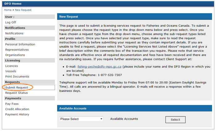 This is an image of the New Request screen, where the Submit Request hyperlink is circled in orange