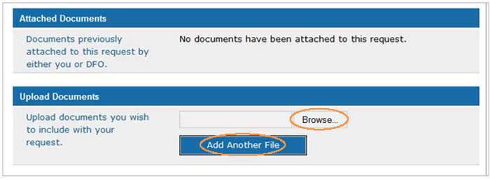 This is an image of the Request Status screen, where the Browse and Add Additional Comments button are circled in orange