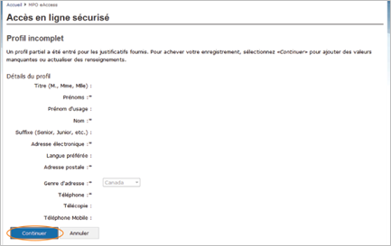 Cette image présente l’écran « Accès en ligne sécurisé – Profil incomplet ». Le bouton « Continuer » est encerclé en orange