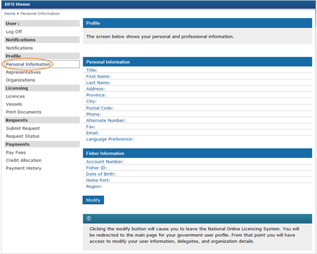 This is an image of the Profile screen, where the Personal Information hyperlink is circled in orange
