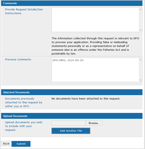 This is an image of the Comments, Attached Documents and Upload Documents sections within the Request Details screen