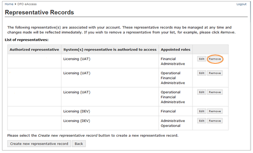 This is an image of the Representatives Records screen, where the Remove button is circled in orange