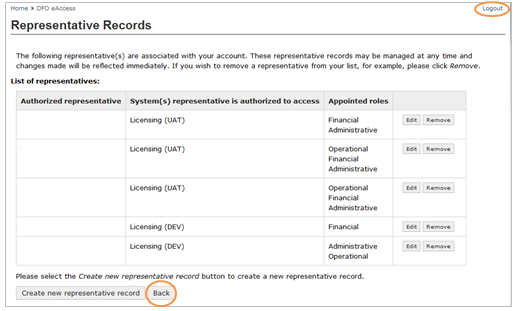 This is an image of the Representatives Records screen, where the Logout and Back button are circled in orange