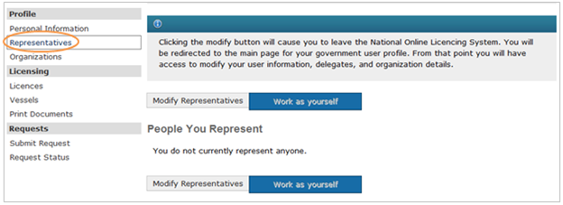 This is an image of the Representatives screen, where the Representatives hyperlink is circled in orange