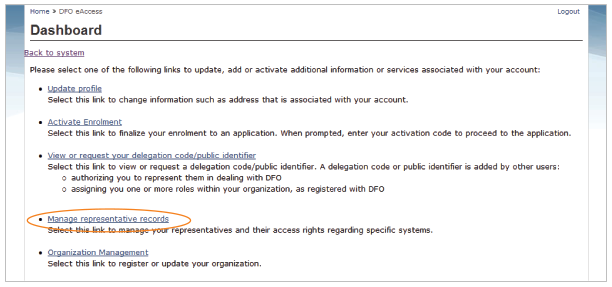 This is an image of the Dashboard screen where the Manage representatives records is circled in orange