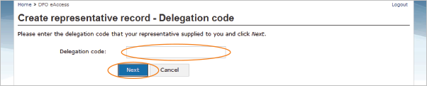This is an image of the Create new representative record- Delegation code screen, where the Delegation code box and the Next button are circled in orange