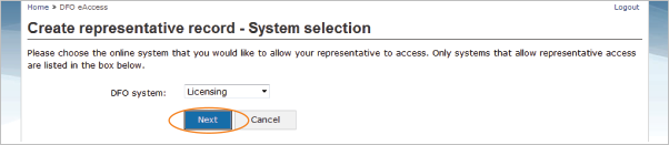 This is an image of the Create representative record-System selection screen, where the Next button is circled in orange