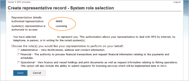 This is an image of the Create representative record – System role selection screen where the Authorised representative and System(s) representative information has been circled in orange