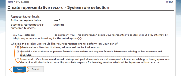 This is an image of the Create representative record-System role selection screen, where the system roles are been circled in orange