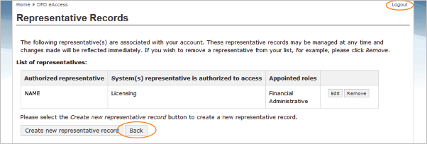 This is an image of the Representative records screen, where the Back button is circled in orange