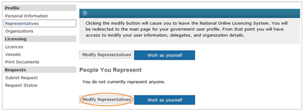 This is an image of the Representatives screen, where the Modify Representatives button is circled in orange