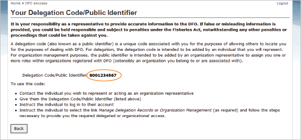This is an image of Your Delegation Code/Public Identifier screen, with the Delegation Code circled in orange