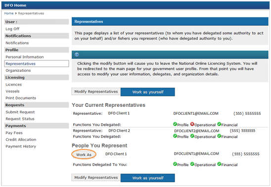 This is an image of the Representatives screen, where the Work As button is circled in orange