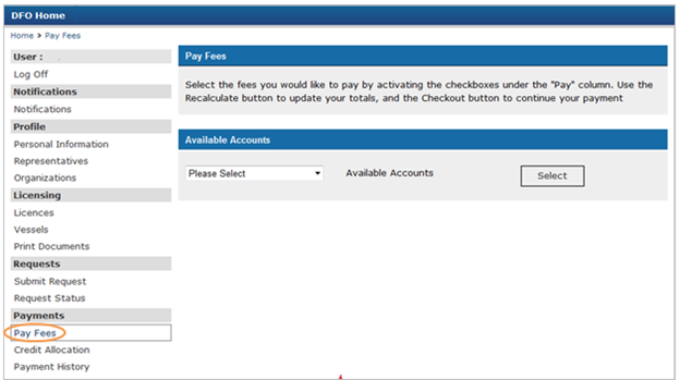 This is an image of the Pay Fees screen, where the Pay Fees hyperlink is circled in orange