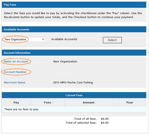 This is an image of the Pay Fees screen, where the Available Account, Name on Account and Account Number are circled in orange