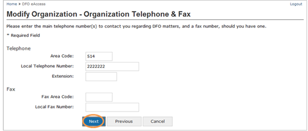 This is an image of the Modify Organization- Telephone and Fax screen, where the Next button is circled in orange