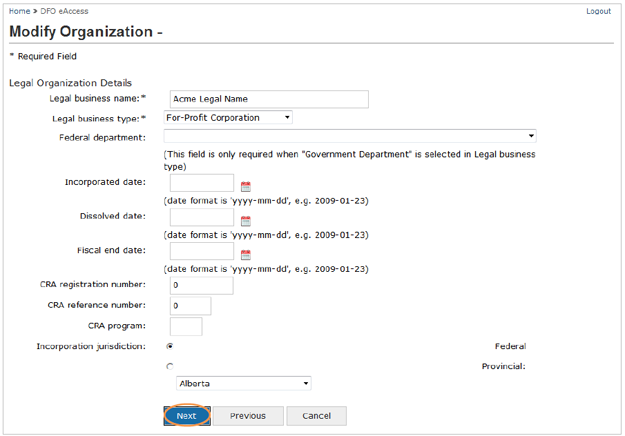 This is an image of the Modify Organization screen, where the Next button is circled in orange