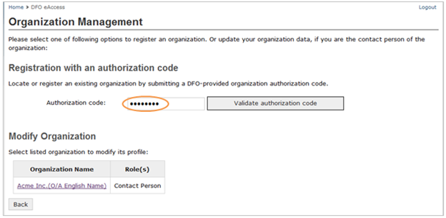 This is an image of the Organization Management screen, where the Authorization Code is circled in orange