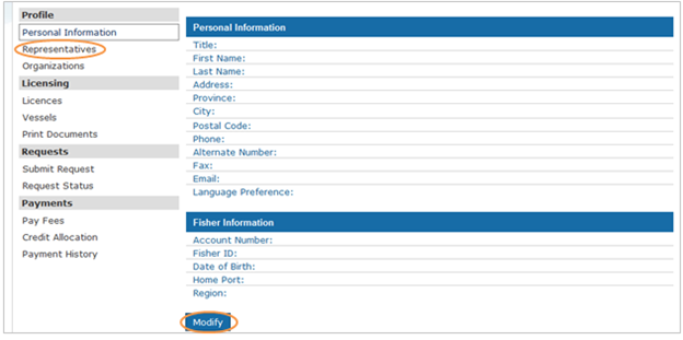 This is an image of the Personal Information screen, where the Representatives hyperlink is circled in orange