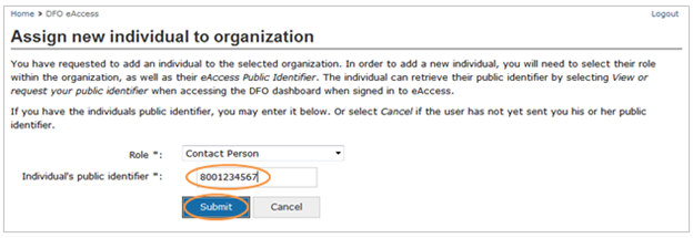 This is an image of the Assign new individual to organization screen, where the Individual’s public identifier and the Submit button are circled in orange