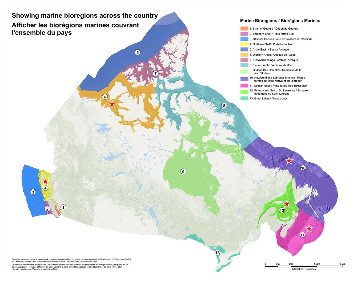 Canada’s marine protected areas network is being advanced in five priority bioregions (indicated with a red star): Estuary and Gulf of St. Lawrence, Scotian Shelf, Newfoundland-Labrador Shelves, Western Arctic, and Northern Shelf.