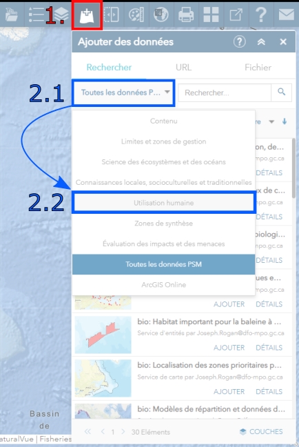 Widget Ajouter des données montrant un menu déroulant avec des bibliothèques de données.