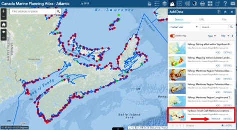 Map of Nova Scotia with small craft harbour location points.