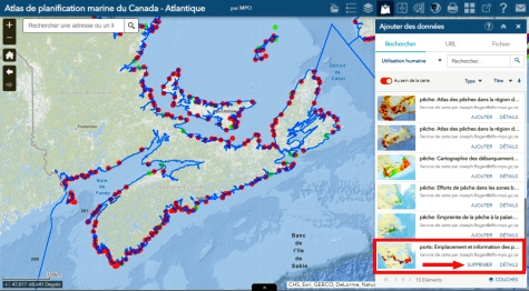 Carte de la Nouvelle Écosse avec des points montrant l'emplacement et information des ports