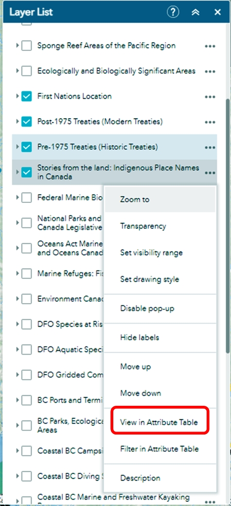 Open Layer List window with the layer « Stories from the land : Indigenous Place Names in Canada” selected and the “view in Attribute table” circled in red.