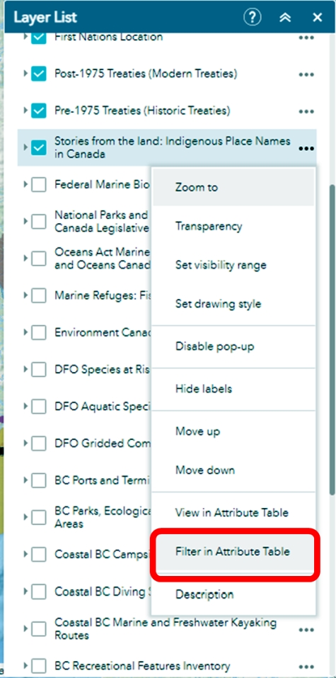 Open Layer List window with layers selected and the “Filter in Attribute Table” circled in red.