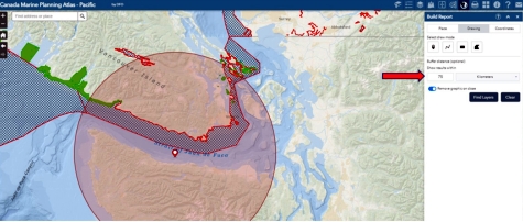 Map of Strait of Juan de Fuca with a 75-kilometer buffer distance highlighted in red.