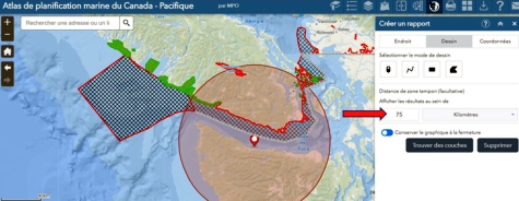 Carte du détroit de Juan de Fuca avec une distance tampon de 75 kilomètres en surbrillance rouge.