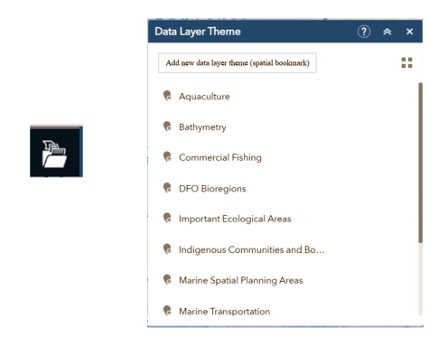 Data layer theme widget button and the open data layer theme window displaying a folder structure with layer options.