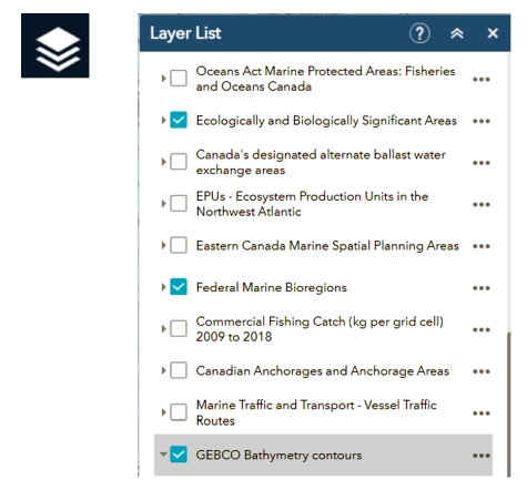 Layer list widget button and the open layer list window displaying 3 selected layers with check marks.