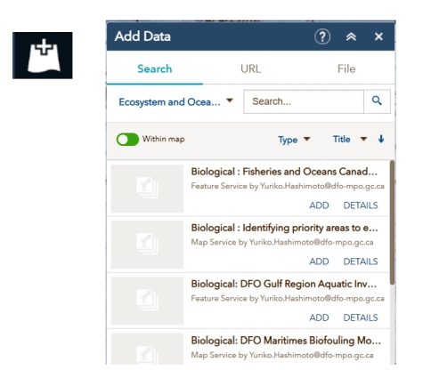 Add Data widget button and the open add data window displaying different data themes.