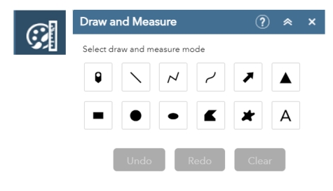 Draw and Measure widget button and the open Draw and Measure window displaying draw mode features.