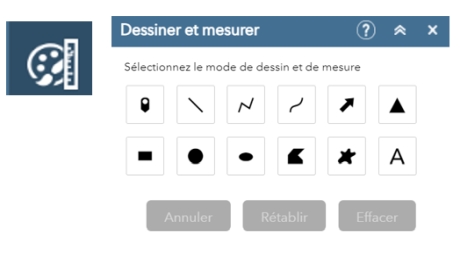 Le bouton du widget Dessiner et mesurer et la fenêtre ouverte Dessiner et mesurer affichant les fonctionnalités du mode dessin.