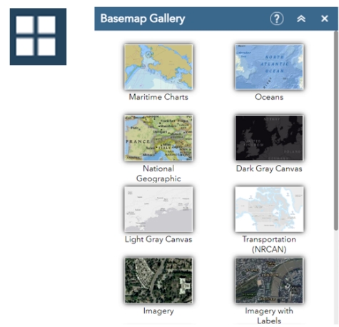 Basemap Gallery widget button and open basemap gallery window showing basemap options.