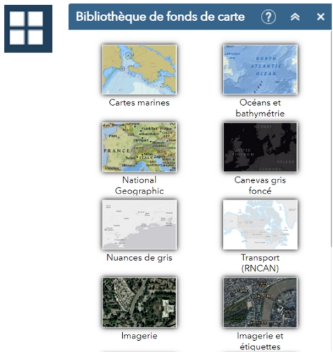 Le bouton du widget Bibliothèque de fonds de carte et fenêtre ouverte de la Bibliothèque de fonds de carte.