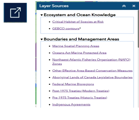 Layer Sources widget button and the open layer sources window with different layer options.